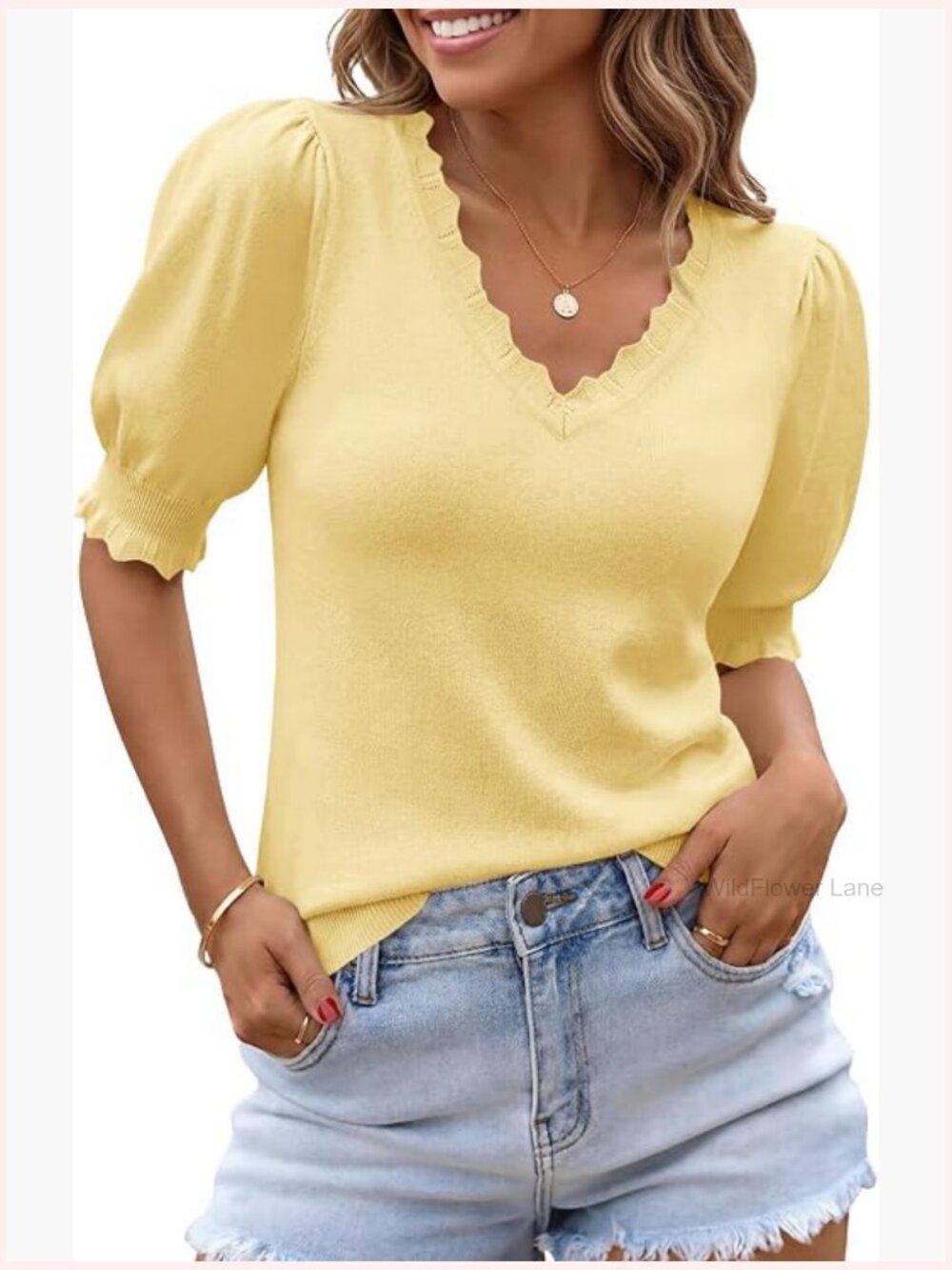Puff Short Sleeve V Neck Ruffle Sweater Top Pullover Blouse